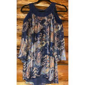Daniel Rainn Cold Shoulder Navy Floral Print With Lace Detail Blouse Size Medium